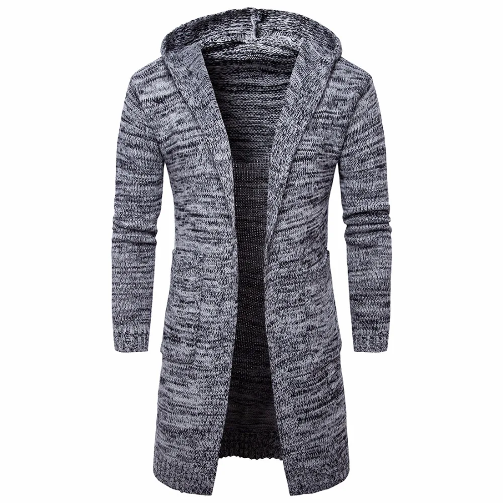 

New Mens Hooded Padded Cardigan Long Section Knitting Sweater Coat, Grey,black