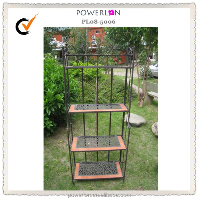 antique brown <strong>metal</strong> garden outdoor shelf foldable plant stand
