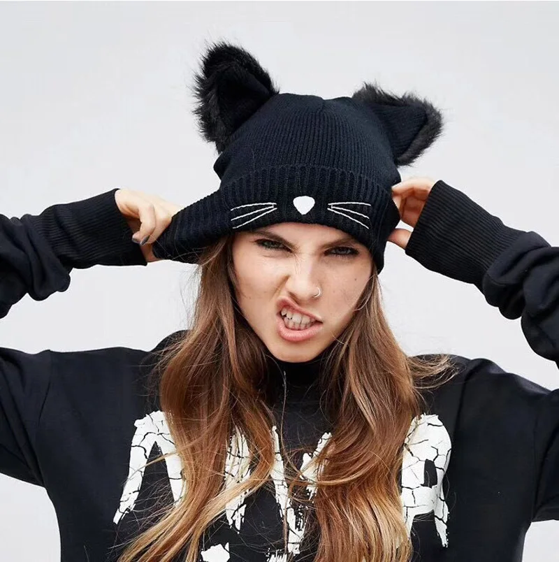 Warm Cat Ear Women Winter Hat Knitted 