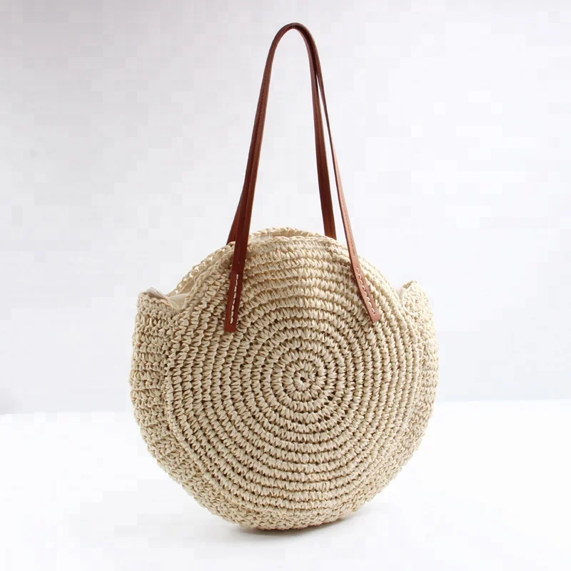

Fashion Circle Crochet Paper BeachTote Bag PU Handle Shoulder Bag for Women