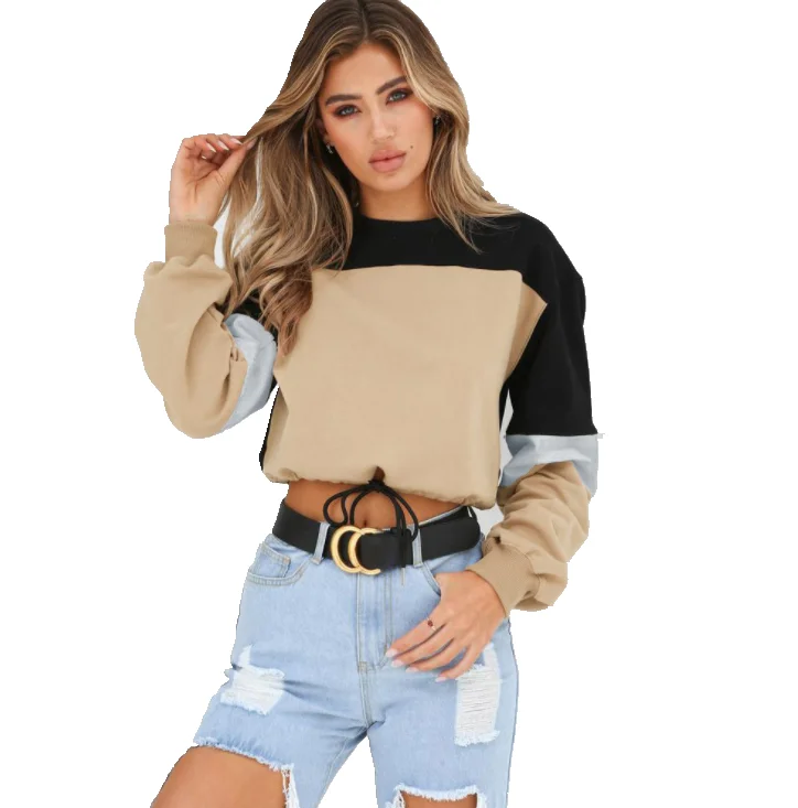 

2018 Women sweatshirt Long Sleeve Cotton Round Neck Cropped Top Color Block Crop Pullover Sweatshirts, Khaki;pink;yellow;blue;white;red;green