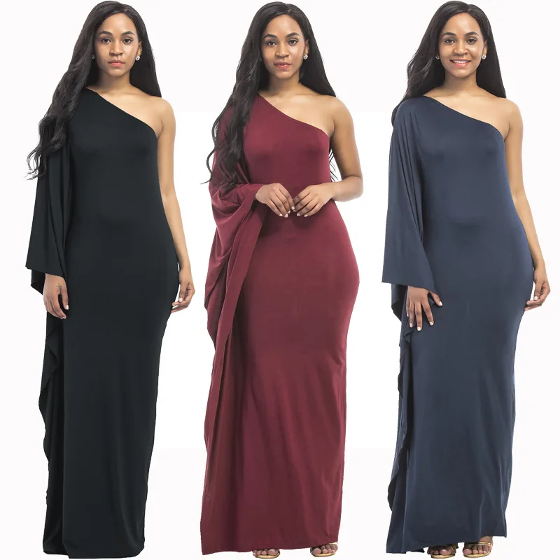 

New Spring Summer Women One Shoulder One Side Long Sleeve Plus Size Party Dress Maxi Dresses, Black/red/blue/white/pink/purple