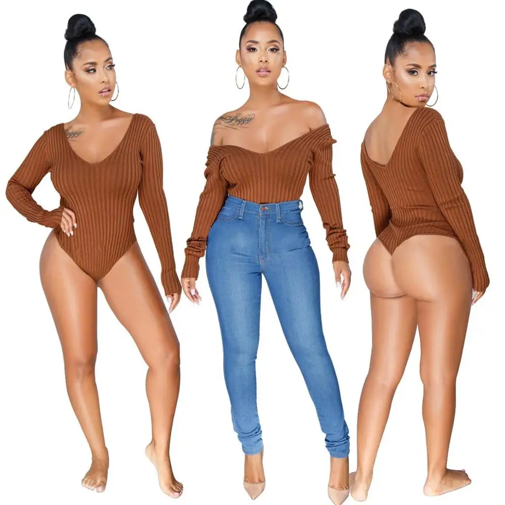 

Hot Sale Plain Color Plus Size Long Sleeve Women Bodysuit Rib Knit Top, Black, white, yellow, brown