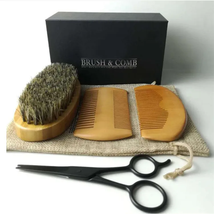 

Custom scissor wooden beard comb oval brush set, As pictured