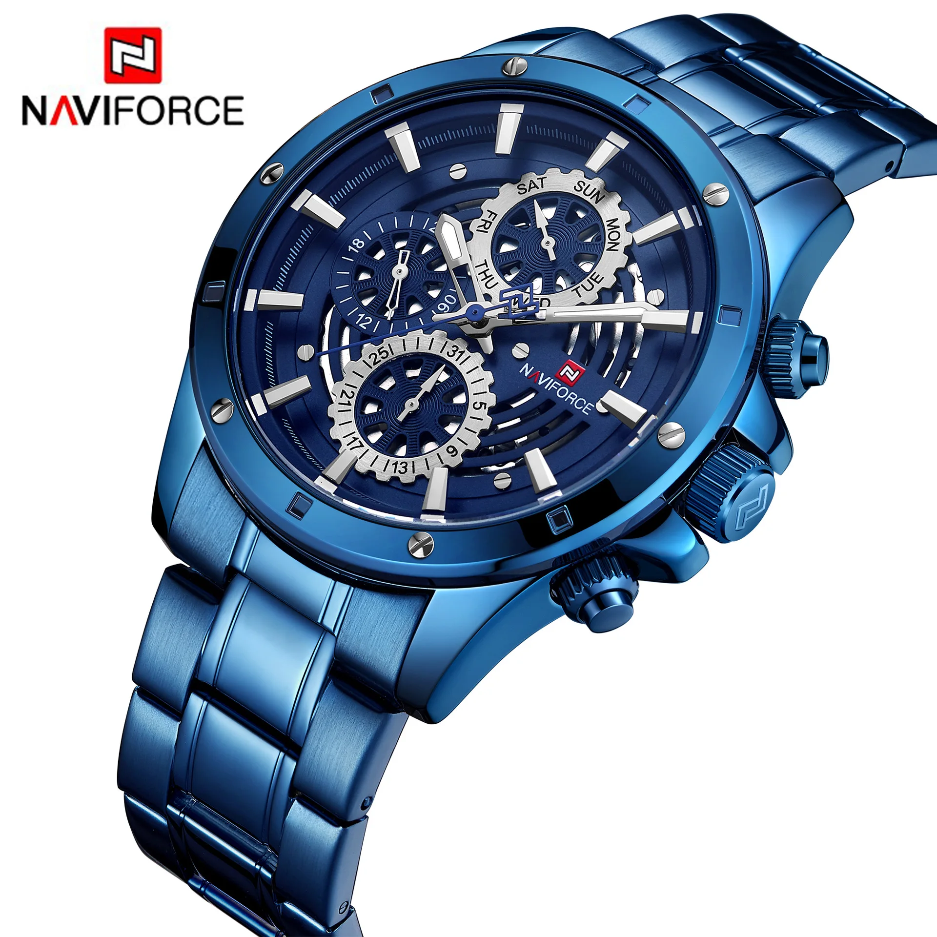 

Top Brand Naviforce 9149 Men Business Day Date 24 hour Watches Analog Clock Waterproof Stainless Steel Skeleton Quartz Watch