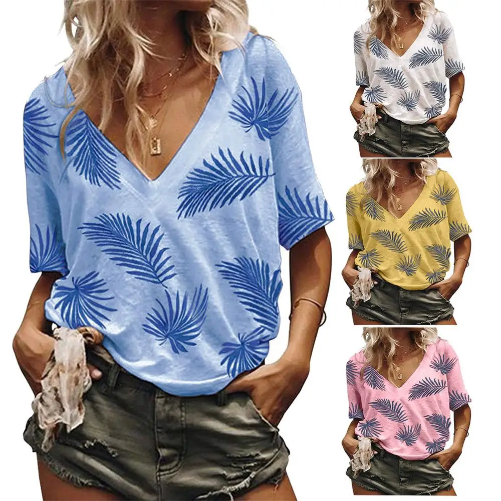

2019 Women's Summer New Loose Casual Round Neck Leaf Printed Cotton T-Shirt