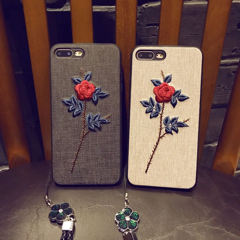 

Embroidery Flower TPU Unbreak Cell Phone Cases with Pendant for Iphone, Black/light grey