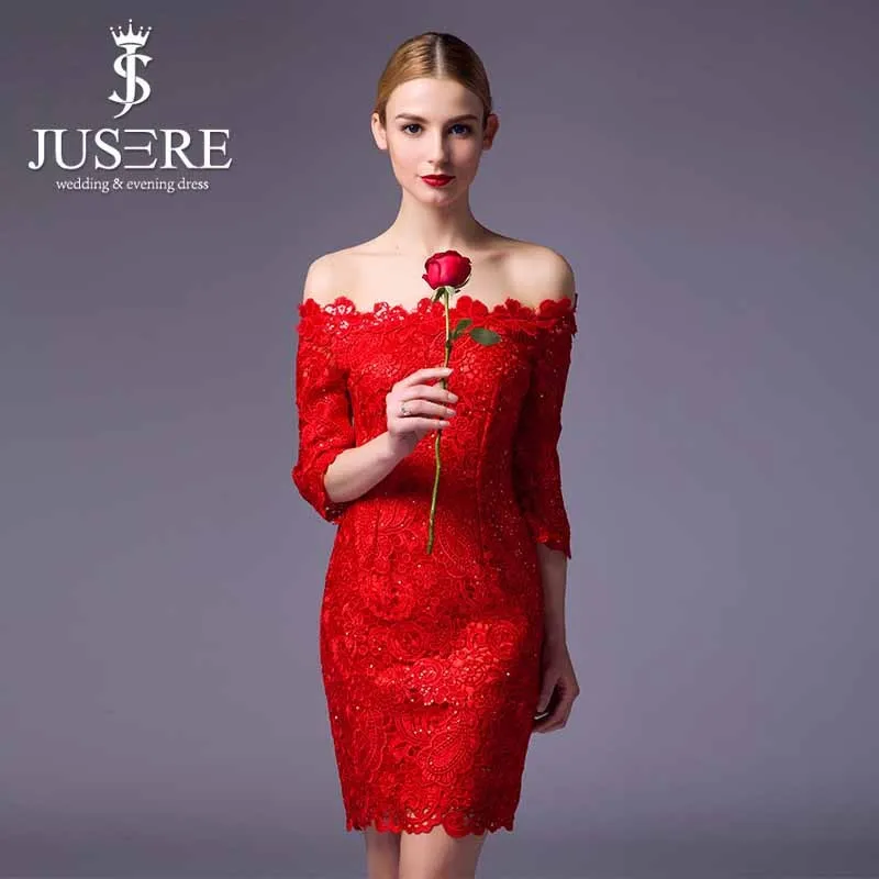 Elegante fuera del hombro vestido de noche rojo corto vestido de noche de encaje de manga