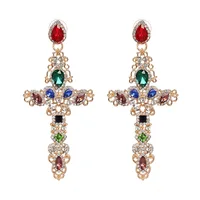 

New Trendy European Women Party Jewelry Elegant Long Style Gold Plated Alloy Colorful Shiny Cubic Zirconia Cross Dangle Earrings