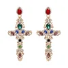 New Trendy European Women Party Jewelry Elegant Long Style Gold Plated Alloy Colorful Shiny Cubic Zirconia Cross Dangle Earrings