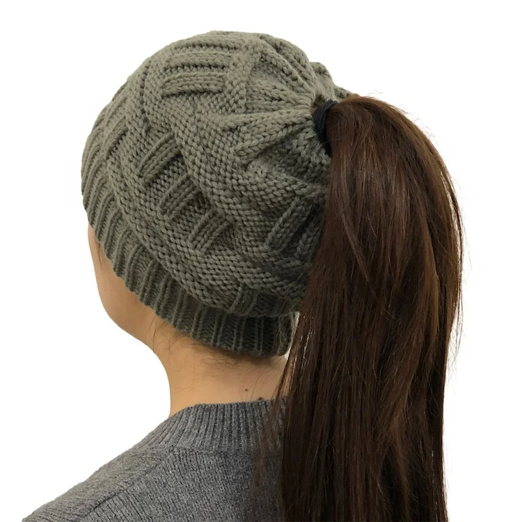 
High Quality Customizable Bamboo-weaving Art Women Ponytail Beanie Warm Winter Striped Knitted Hat 