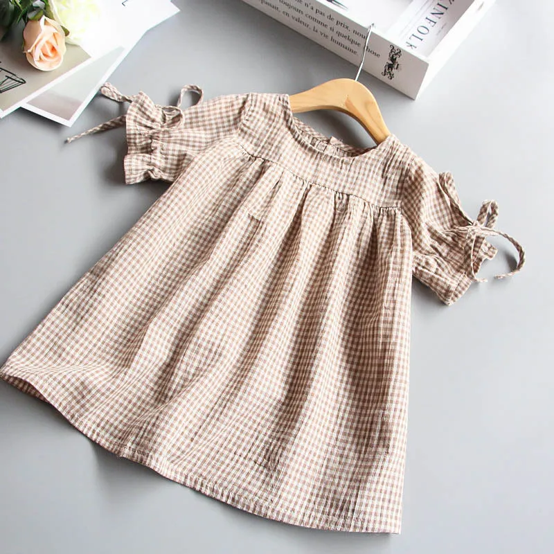 

Latest Style Children Girls Boutique Dress Clothes Short Sleeve Linen Cotton Plaid Ruffle Kids Clothing