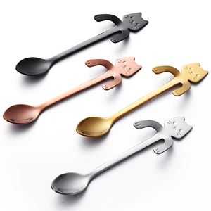 Image of stainless 304 steel lovelycathang coffeespoon coffee mug with spoon Ice cream creative cartoon dessert coffee cat spoon