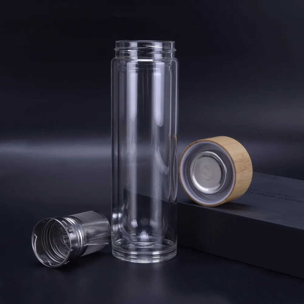 Bpa Free Double Wall Custom Logo 500ml Bulk Spill Proof Glass Water Bottles For Sale Manufacture