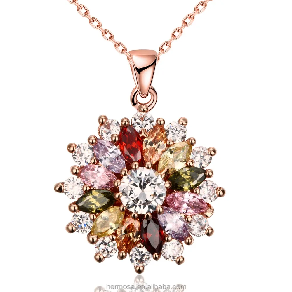

Hermosa Jewelry Necklace Rose Gold Plated Multi Colored Zircon Flower Pendant