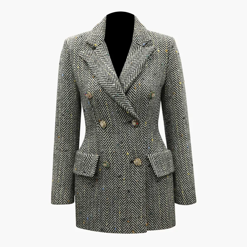 

lady winter elegant plaid check woolen jacket double breasted beadings tweed trench coat for women black and white Blazer dress
