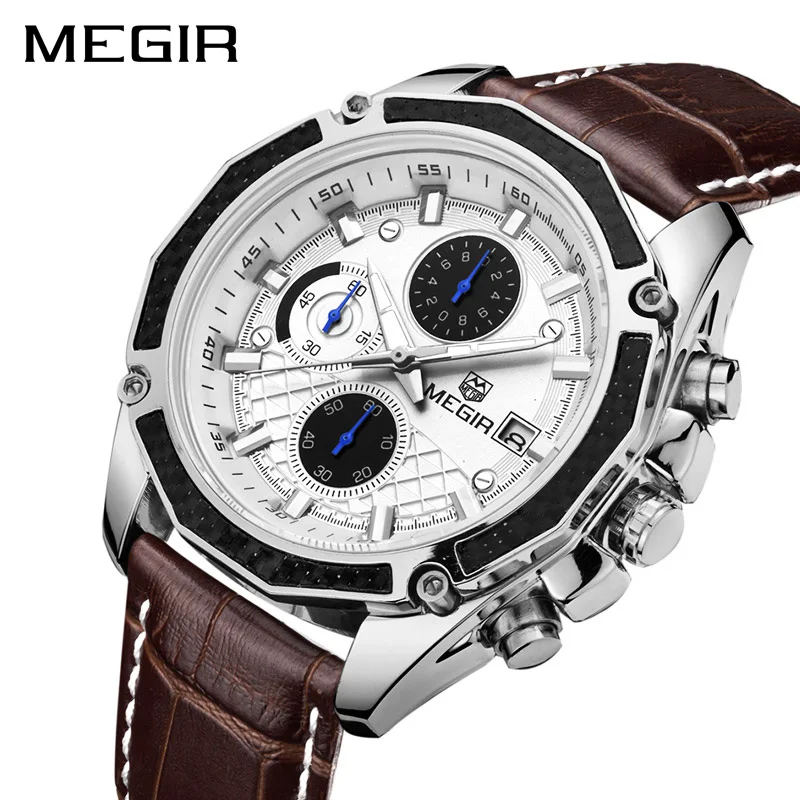 

Top Sale Megir 2015 Genuine Leather Band 3ATM Water Resistant Man Sport Analog Chronograph Wristwatch erkek kol saati