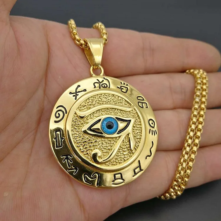 

Round Gold Plated Egyptian Protection Necklace Eye of Horus Pendant, Silver or gold