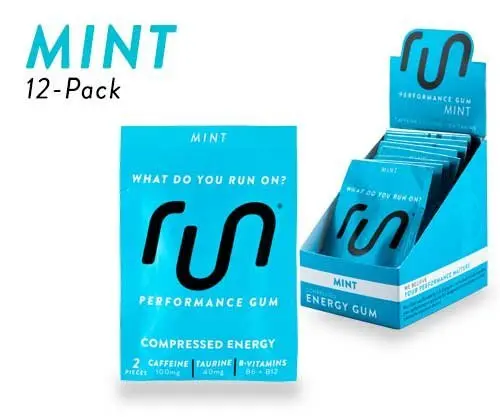RUN GUM Mint Energy Gum 50mg Caffeine Taurine & B-Vitamins Per Piece, 24 Pieces (Pack of 12), 2 Pieces = 1 coffee or Energy drink, Sugar Free, Zero Calorie