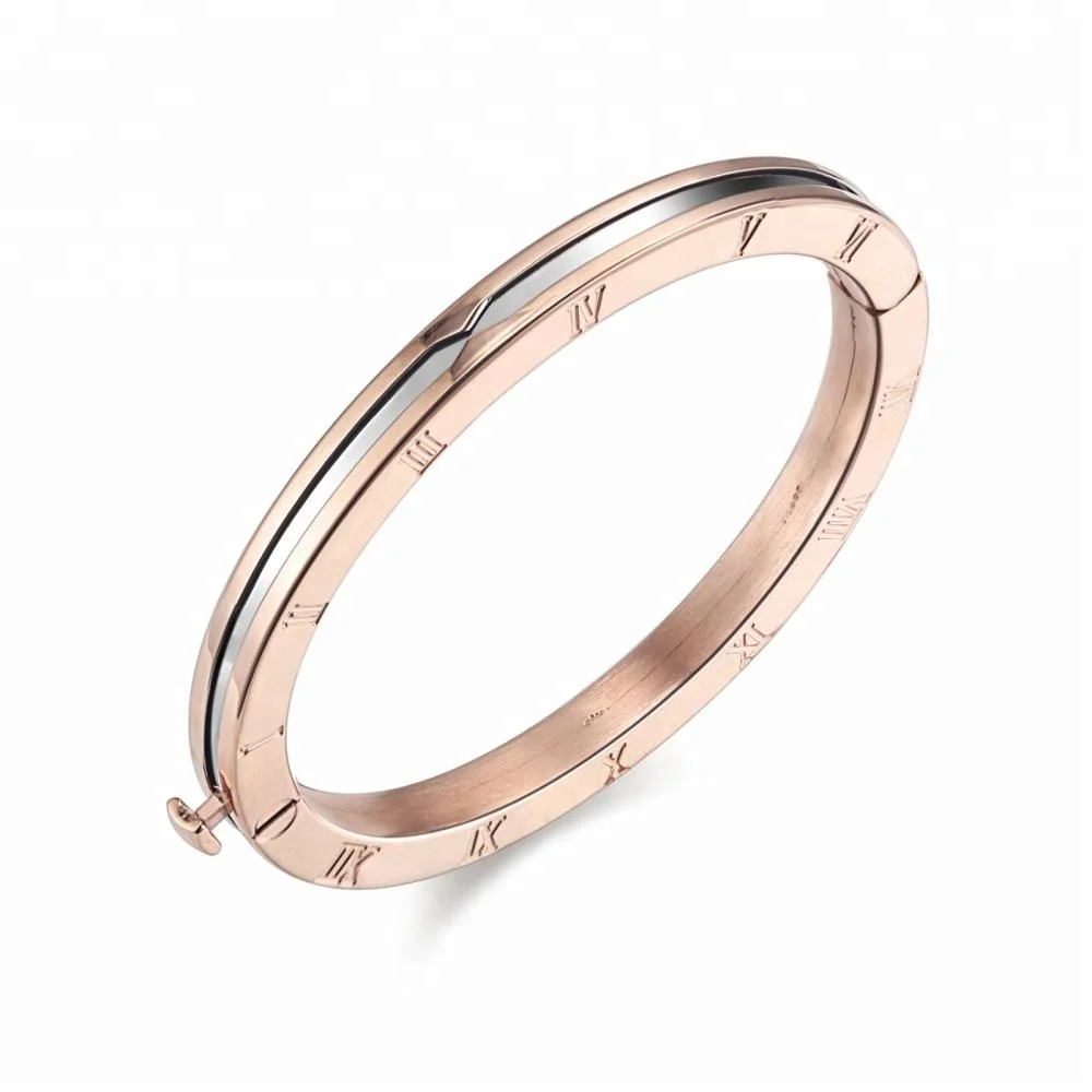 

Roman Numeral 316L Stainless Steel Rose Gold Women Bracelet Bangle Famous Brand Snap Button Jewelry High Quality Accessory lady