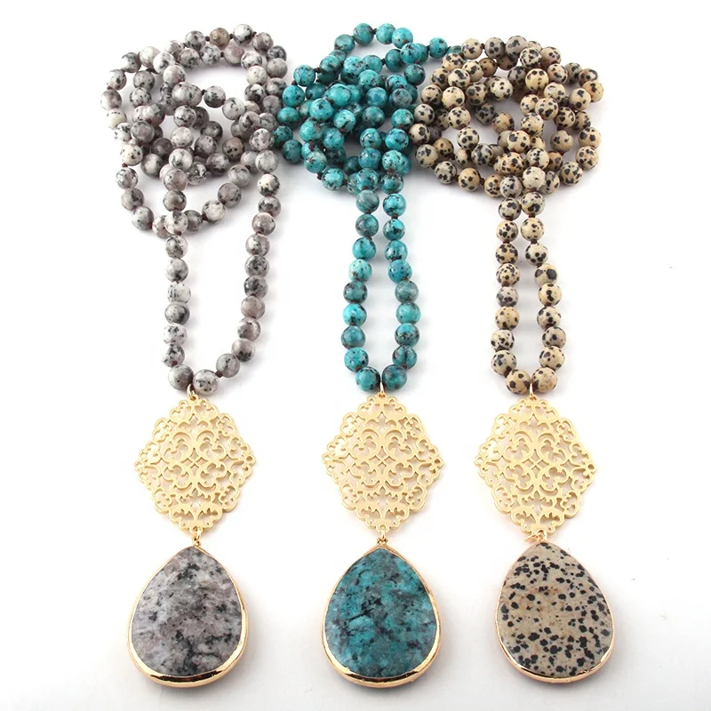 

Fashion jewelry 8mm stone beads Knotted Women Necklace Stone Drop Pendant Necklaces for wholesale, 9 color
