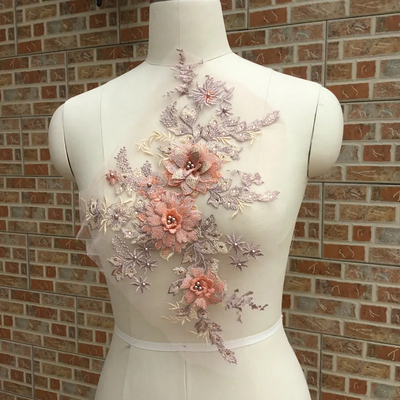 Macaron color beaded 3D flower floral lace applique for wedding party dress children's wear stage costume accessories