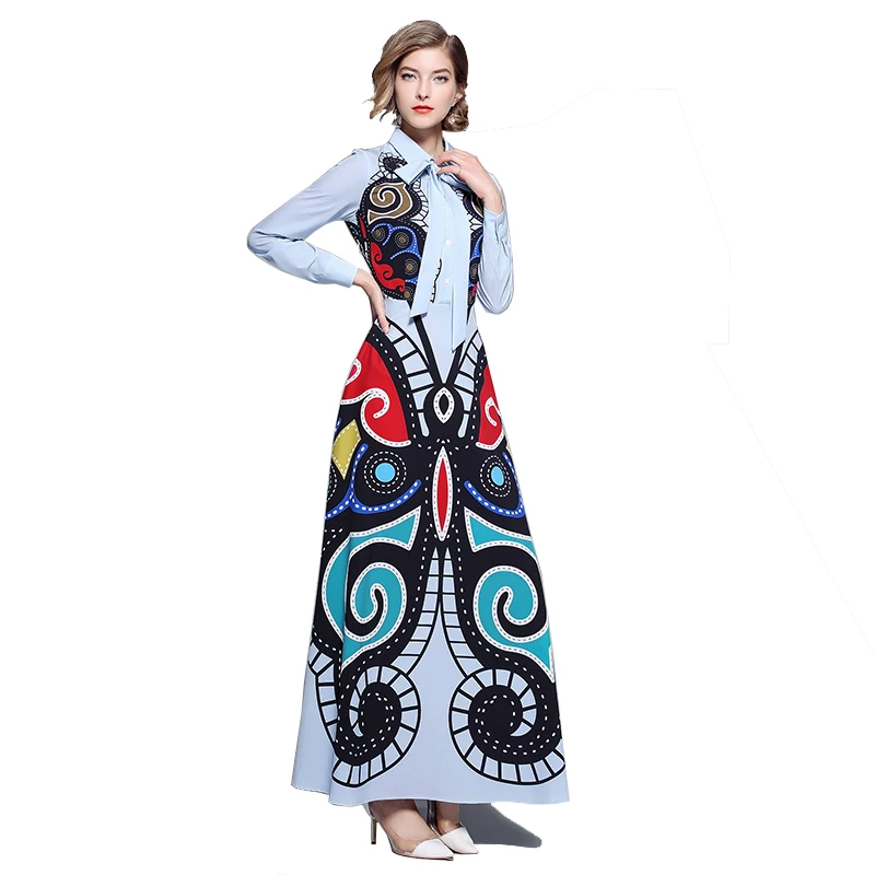 

Fancy Print Women Long Sleeve Floral Maxi Dress with Bow