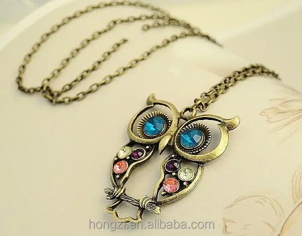 

Hot New Fashion Hot-Selling Retro Color Block Drill Hollowing Carved Cute Owl Mao Yilian Necklace Jewelry