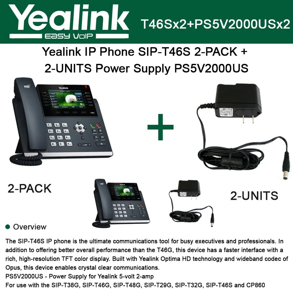 Yealink SIP-T46S IP Phone 2-PACK + 2-UNITS Power Supply PS5V1200US 5Volts 1...