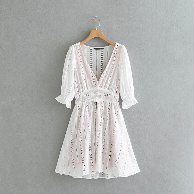 

OEM ODM Clothing Woman Sexy See Through Lace 3/4 Sleeve V Neck BOHO Beach Dress, Beige