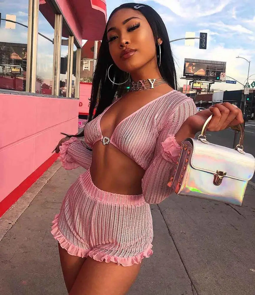 women fashion clothing pink ruffle crop top and short 2 piece set