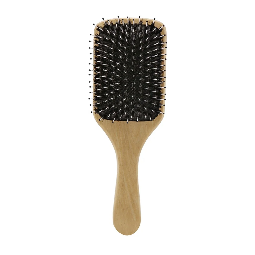 

Fashion Style Airbag Design Nylon Pin Cushion Square Soild Handle Wood Easy Cleaning Hair Brush, Brown