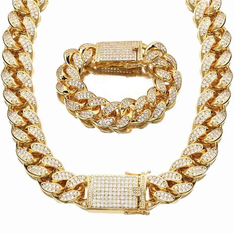 

18mm Iced Out Full Cubic Zircon Lock Gold Silver Plated Miami Cuban Link Chain for Men