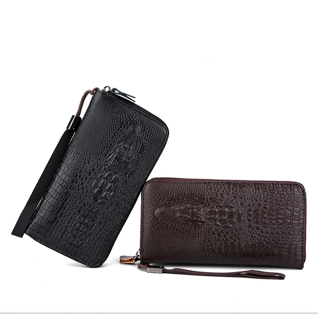 

Factory wholesale fashion men's clutch bag long wallet crocodile head trend zipper wallet large capacity, Black/brown