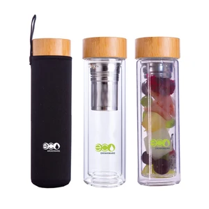 Image of No minimum New unique high-end double wall insulated glass tea fruit infuser water bottle with bamboo top
