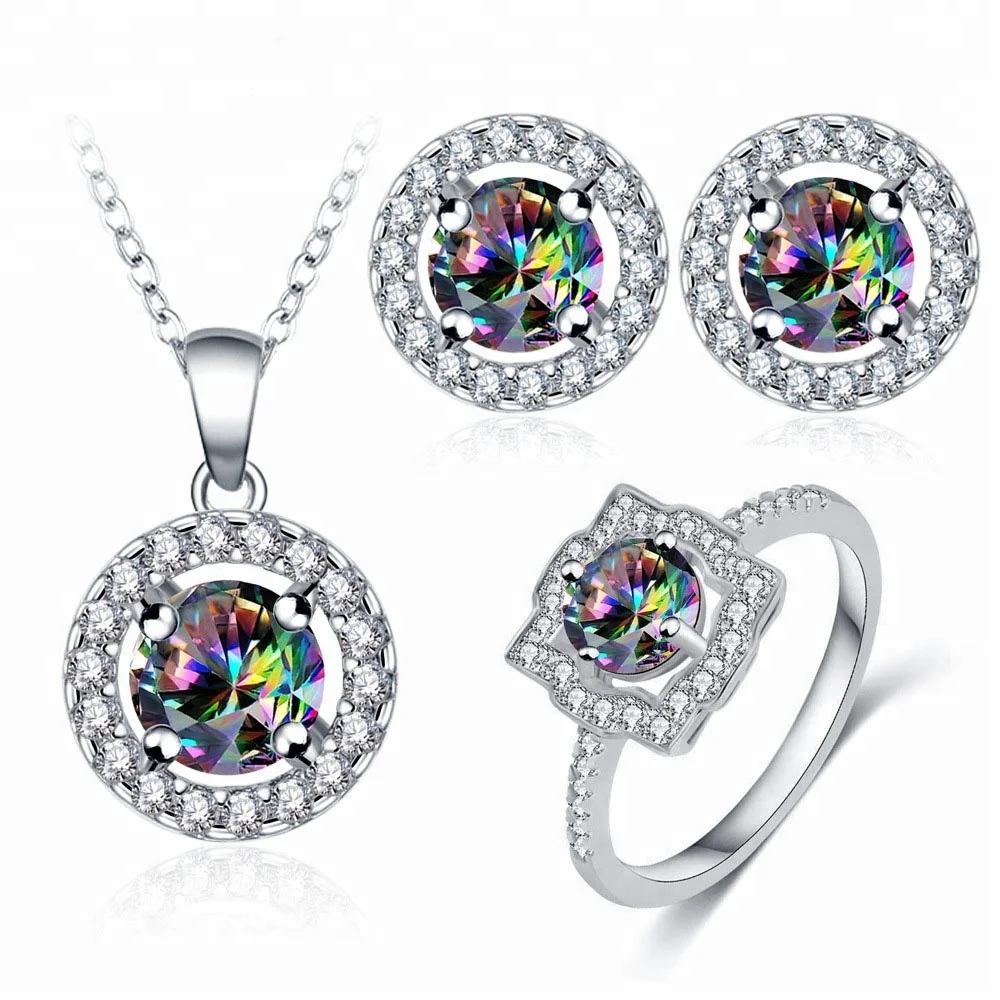 

New Arrived Fashion Zircon Jewelry Necklace Earring Ring Colorful Jewelry Set, Multi