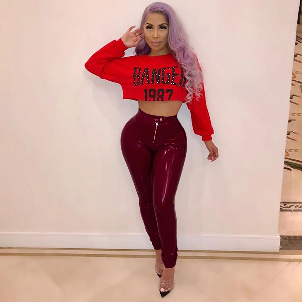 

Two tone zipper tight pants tube sexy tight mix tube pants PU clothing explosion