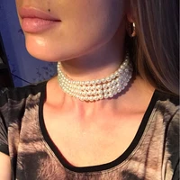 

Retro Faux Pearl Choker Necklace 4 Layer Costume Jewelry For Women