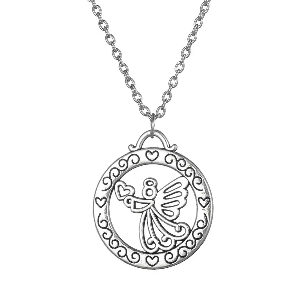 Wholesale Guardian Angel with Heart Disc Alloy Pendant Jewelry Necklace