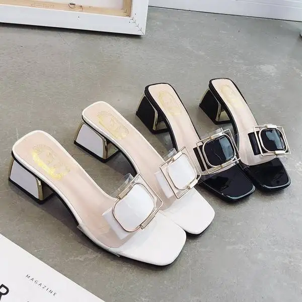 

Fashion One-strap Chunky Heels Outdoor Slippers Slip-on PVC Clear Shoes Elegant Women Party Shoes Size 35-40