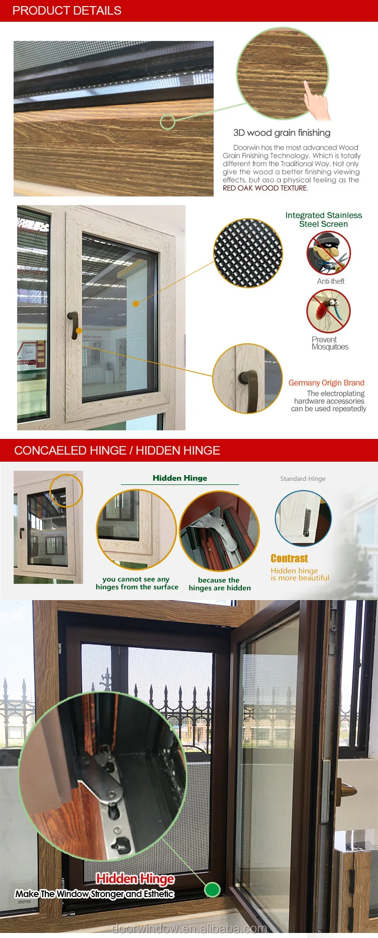 wooden grain finish aluminum swing tilt and turn windows with factory price