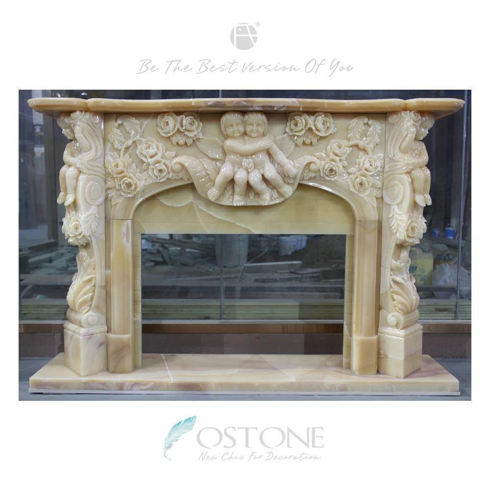 Popular Carved Angel Design Modern Yellow Onyx Fireplace Surround