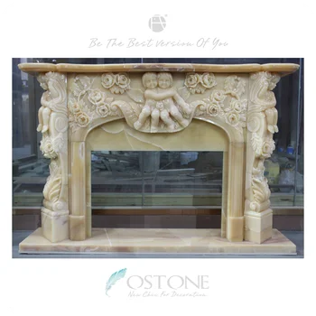 Popular Carved Angel Design Modern Yellow Onyx Fireplace Surround