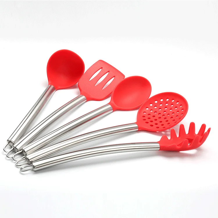 5 Piece Silicone Kitchen Utensils Set With Stainless Steel Handle Oem