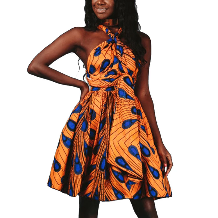 

New Fashion Design Summer Sleeveless Cross Shoulder Strap Printing Pattern Women African Dashiki Dress