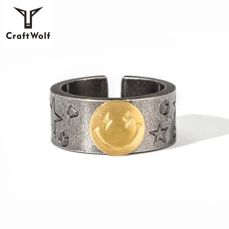 

Craft Wolf 2019 Fashion Jewelry 316L Stainless Steel Smile Face Ring, Old silver