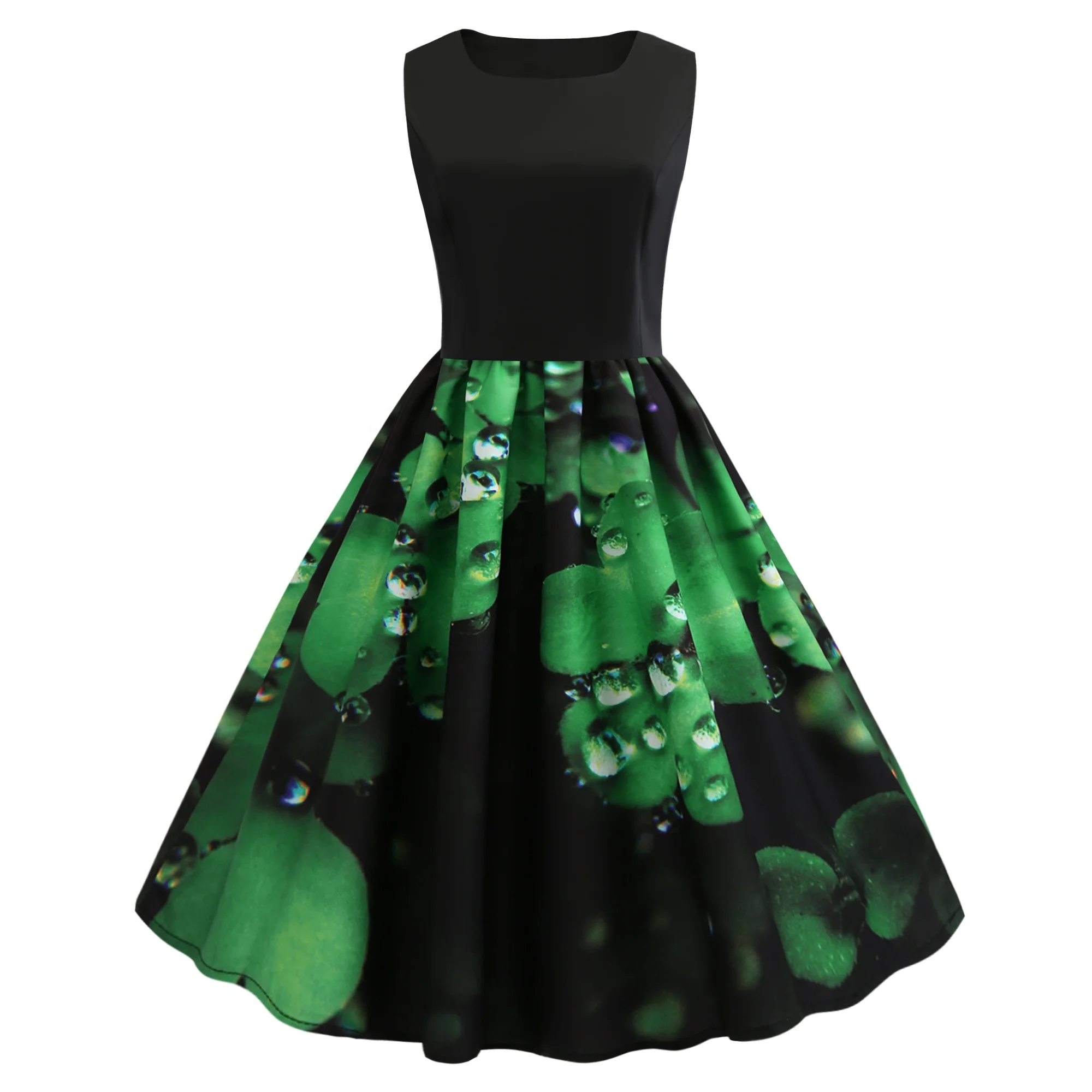 

SP-1104 Wholesales St. Patrick's Day Clothing 3D Water Drop Clover Black Top Reto Vintage Cocktail Party Spring Summer Dress, Shown