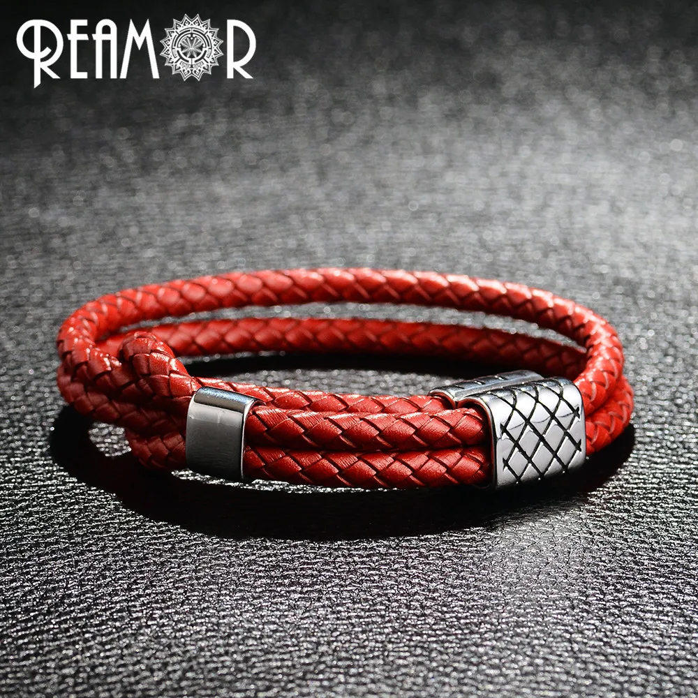 

REAMOR 3 Colors Trendy BV Style Male Bracelets 316L Stainless Steel Adjustable Double Layer Braided Leather Men Bracelet Jewelry