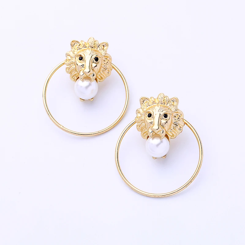 

New Look Lion Head Pearl Stud Big Golden Hoop Earrings 2019 Trend, Colourful