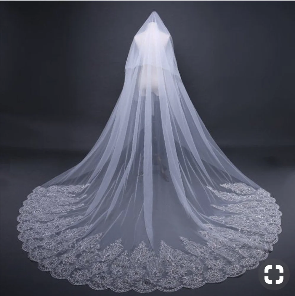 

T9012 2 Layers Soft Bridal Veil Illusion Tulle Cathedral Veil Glitter Sequins Alencon Lace Bride Wedding Veils